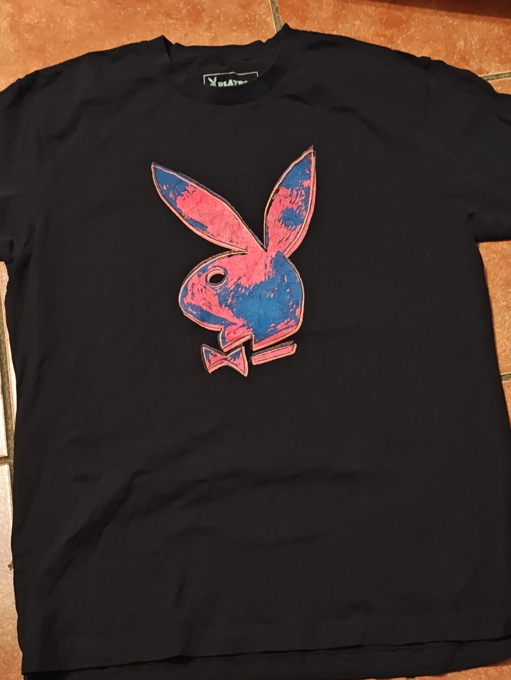 PLAYBOY Black Tee with Pink and Blue Bunny Graphic